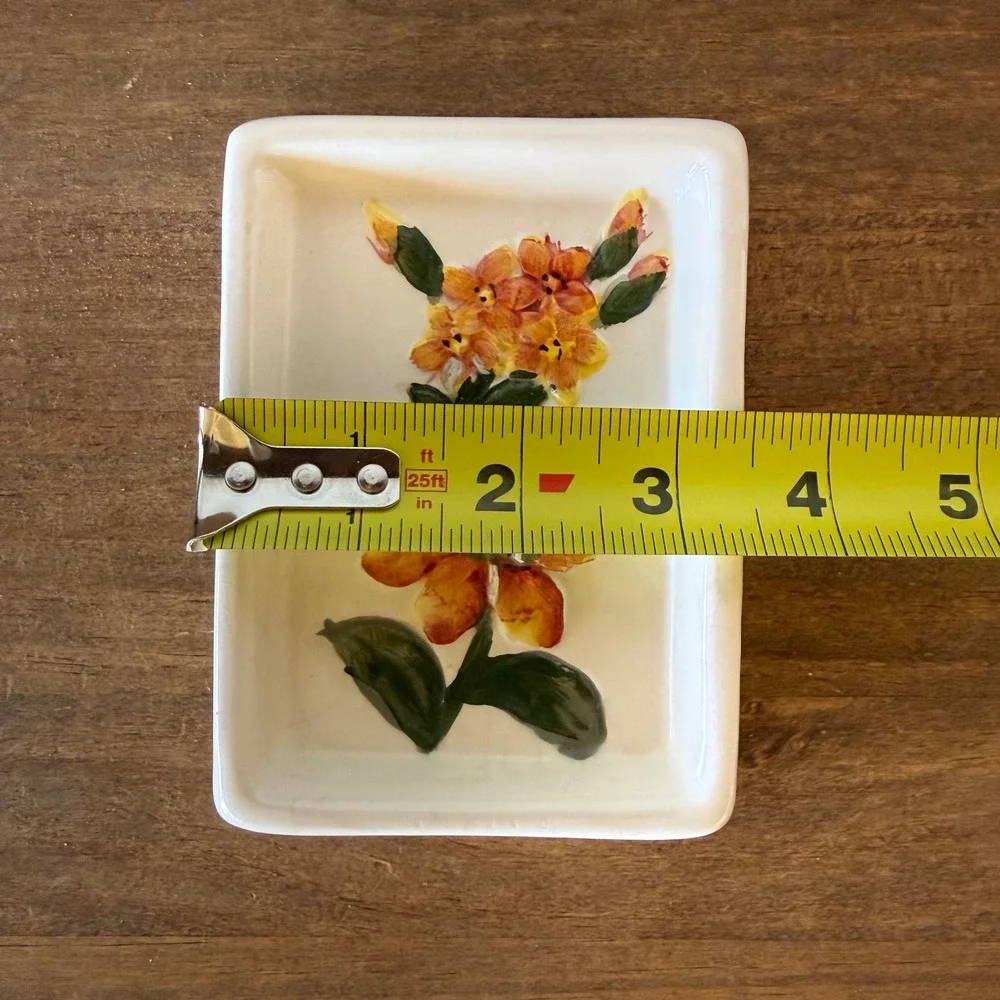 Vintage Hand Painted Ceramic Floral Soap Dish Raised Flowers Cottage Decor